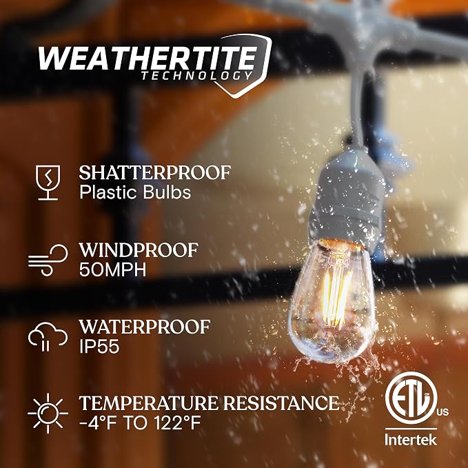 Brightech Ambience Pro Waterproof LED Outdoor String Lights, 48 Ft, Hanging, Dimmable Vintage Edison Bulbs, 15 Bulbs, 2W | Plug-in Outdoor String Lights, Waterproof Patio Lights, 15 Shatterproof LED Edison Bulbs for Backyard, 2W Soft White, White