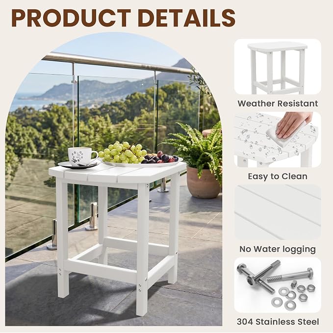 Outdoor Adirondack Side Table, Single-Layer, for Patio, Poolside, Living Room and Bedroom, Easy to Assemble (White)