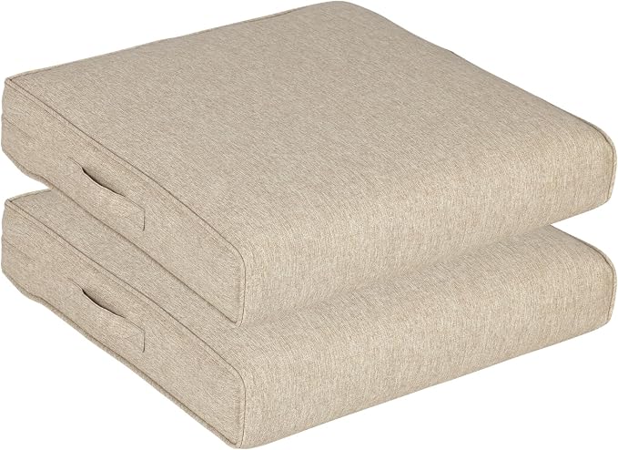 Aoodor Patio Chair Cushions Set of 2, 25 x 25 x 4 Inch Water Resistant Outdoor Seat Cushions with Handle and Ties, Square Corner Cushions for Patio Furniture Garden Lawn, Brown