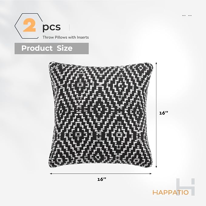Outdoor Pillows, Patio Decorative Pillows Pack of 2, Waterproof Throw Pillows for Outdoor Furniture, 16× 16 Comfortable Spring Outdoor Pillows for Bed, Couch, Sofa, Black Geometric