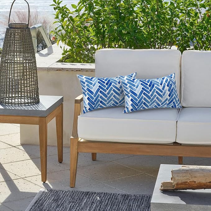 LVTXIII Set of 2 Outdoor Lumbar Pillows for Patio Furniture with White Piping, 12"x20" Fade Resistant Patio Lumbar Pillows with Inserts for Home Coach Sofa Use, Blue Bricks
