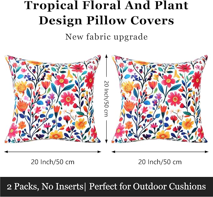 Outdoor Pillow Covers 20x20 Inch Set of 2, Red Floral Printed Boho Throw Pillows Cases Waterproof Square Garden Cushion Sham for Spring Summer Patio Funiture Tent Balcony Bench Sofa Couch