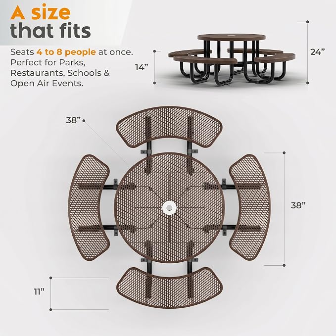 Round Metal Picnic Tables for Kids for Outdoors with Umbrella Hole, Adjustable Seats for School, Park, Playground (Brown, 38 in, Kids, Expanded Steel)
