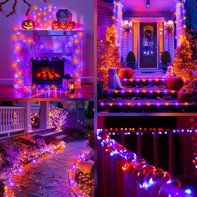 Brightown Solar Halloween Lights Outdoor, 39FT 100 LED, Orange & Purple | IP65 Solar Fairy Lights with 8 Lighting Modes, Halloween Decoration Outdoor for Party Garden Yard Holiday Tree Decoration