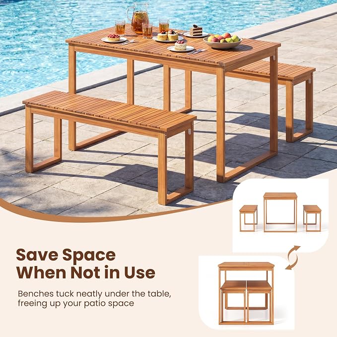 HAPPYGRILL 3 Pieces Acacia Wood Patio Dining Set, Outdoor Table with 2 Benches for 4 People, Wooden Dining Furniture Set for Yard, Garden, Porch
