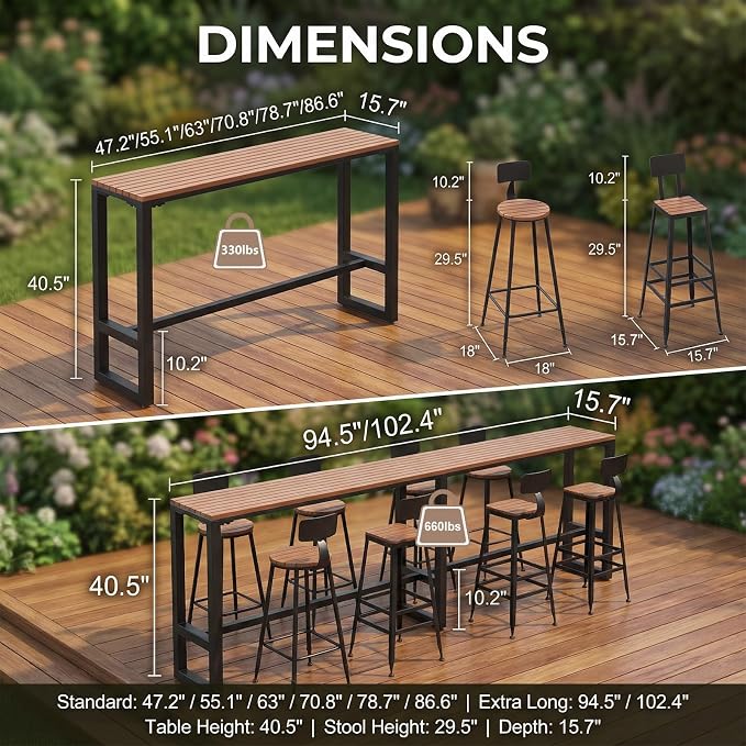 Outdoor Bar Table Weather Resistant, Wood Counter Height Bar Table Rain Sun Protection, Extra Long High Top Table 47.2"-102.4", for Patio, Garden, Yard, Balcony, Poolside(White,55.1"x15.7"x40.5")