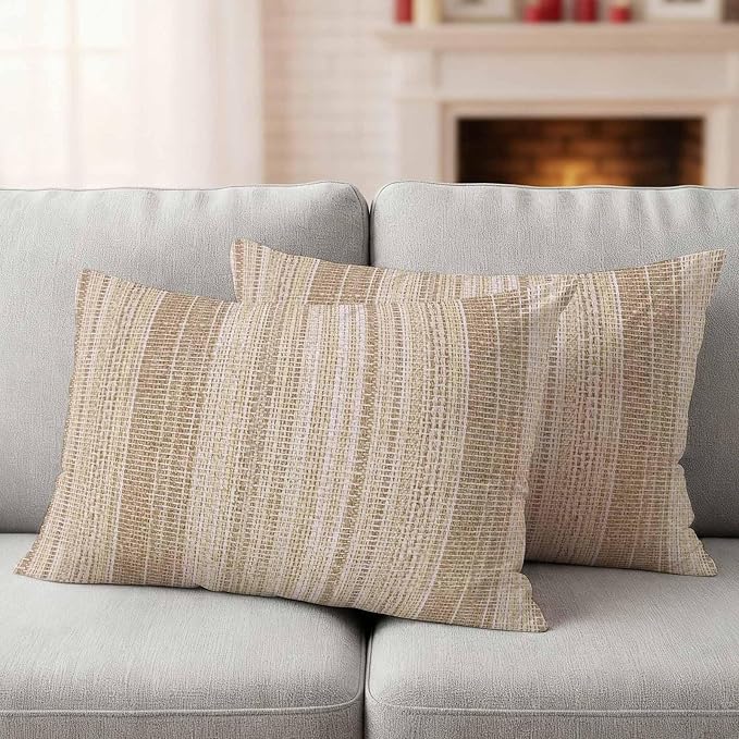 Abstract Beige Outdoor Pillow Covers 20"x12" Set of 2, Rustic Farmhouse Minimalist Beige Vertical Striped Lines Waterproof Throw Pillow Covers for Patio Furniture, Decorative Cushion Covers for Porch