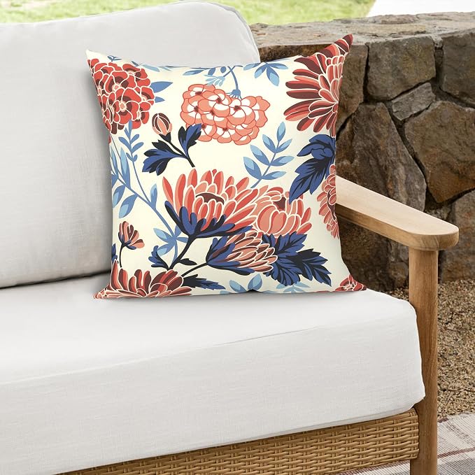 Outdoor Throw Pillows 16x16 Inch, Water Repellent Patio Pillows with Inners Set of 2 for Patio Furniture Home Graden, Red Chrysanthemum