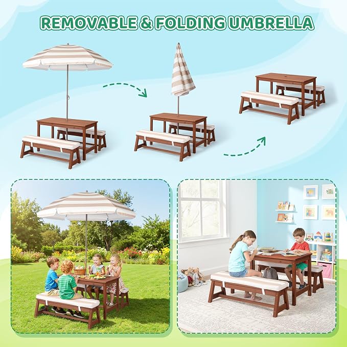 JOYMOR Kids Picnic Table Outdoor Wooden Table & Bench with Adjustable Umbrella, Picnic Table Set w/Removable Cushions for Backyard, Patio, Garden, Indoor(Walnut)