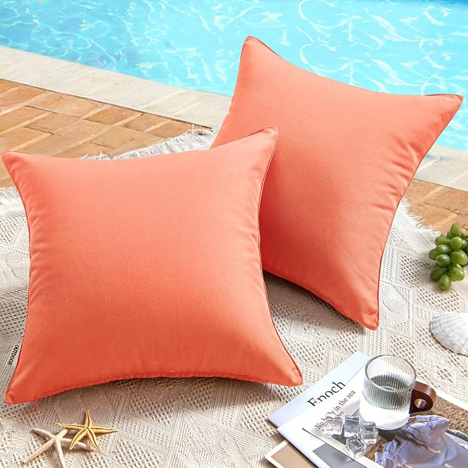 MIULEE Decorative Outdoor Waterproof Pillow Covers 18x18 Coral Red | Decorative Patio Furniture,Pack of 2,Accent Square Soild Throw Pillow Covers,Summer Garden Tent Couch Sofa