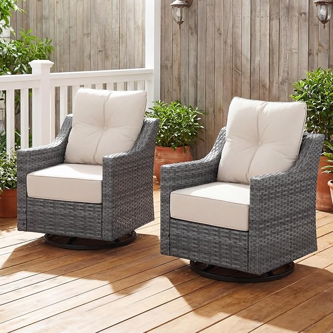 3 Pieces Patio Furniture Set with 6" Thick Cushions, All Weather Outdoor Wicker Swivel Rocker Chairs Set of 2 with Table for Porch Yard Deck