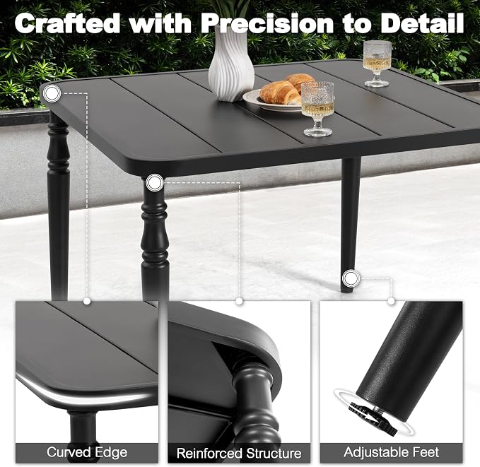NUU GARDEN Outdoor 37” Dining Table, Square Metal Dining Table with Umbrella Hole, Patio Dining Table with Powder-Coated Frame and Slatted Tabletop, for Garden, Backyard and Balcony, Black