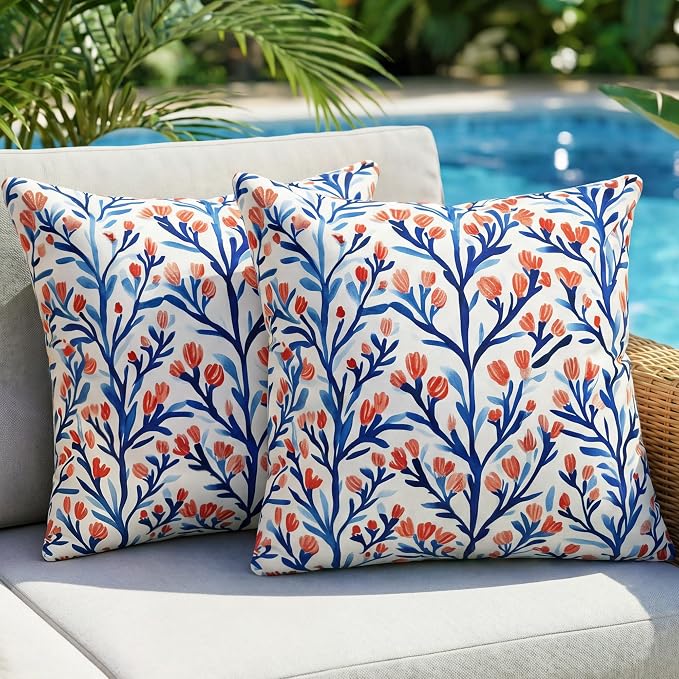 Floral Waterproof Outdoor Throw Pillow Covers 18x18 Inch Set of 2 | Blue and Orange Floral Pillow Cover, Summer Outdoor Decor Cushion Cases for Garden Patio Balcony Funiture Porch Couch Sofa