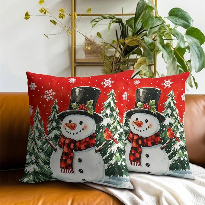 Christmas Throw Pillow Covers 22x22 Inch – Pack of 2 Snow Snowman Pine Trees Holiday Cotton Hidden Zipper Pillowcases for Couch Sofa Bed Porch Farmhouse Home Decor