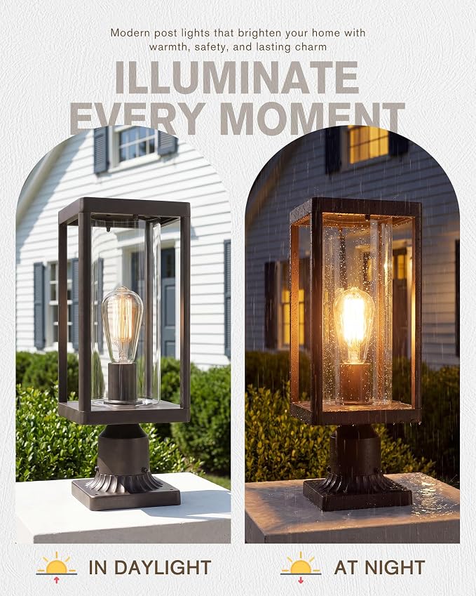 Beionxii Outdoor Post Lights, 20In Post Lantern with Pier Mount Base,Bronze | Aluminum Exterior Lamp Post Light Fixture with Glass, Waterproof Fence Post Deck Lighting for Garden, Patio, BXA291-P-1PK-ORB