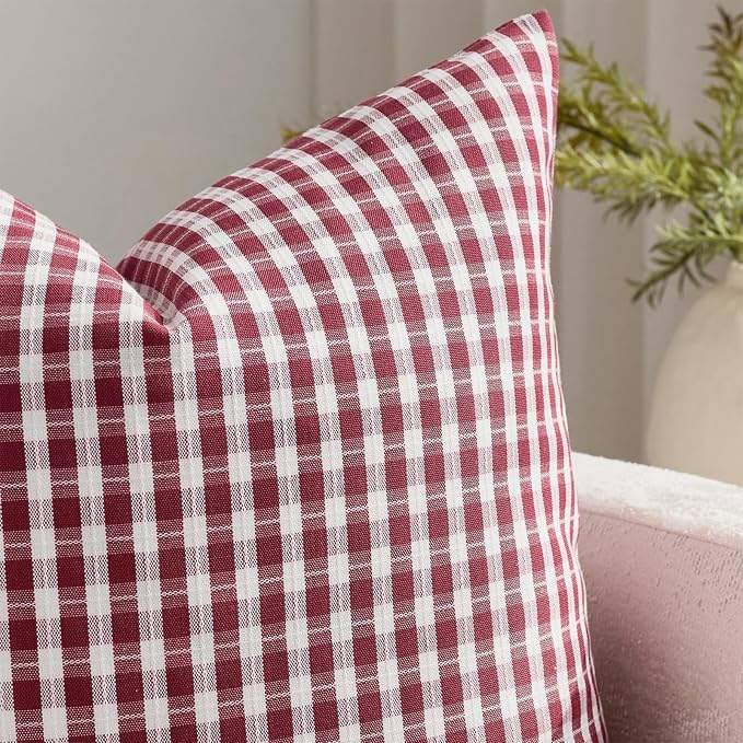 Summer Outdoor Throw Pillow Covers 18x18 Set of 2, Maroon Red Plaid Waterproof Pillow Cases Modern Gingham Farmhouse Decorative Cushion Covers for Couch Balcony Patio