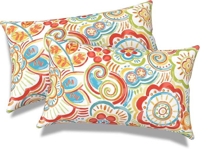 Outdoor Lumbar Pillows, Water Repellent Cushion Pillows 12x20 Inch, Outdoor Pillows with Inserts for Home Garden, Pack of 2, Flower Multi