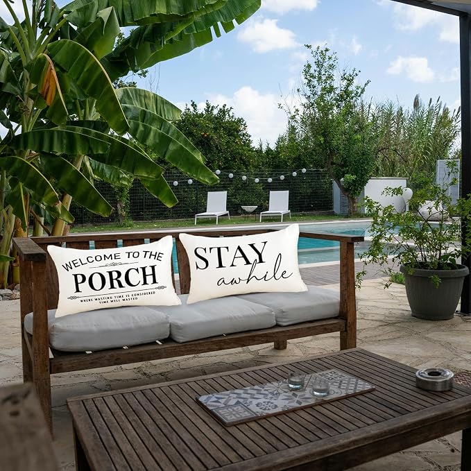 Welcome to Our Porch Stay Awhile Waterproof Outdoor Pillow Covers 12x20 Set of 2 Farmhouse Patio Furniture Decorations for Outside Garden Decor