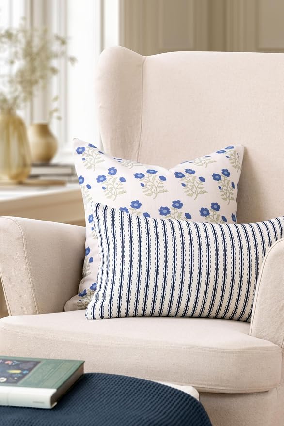 California Casual Coastal Indoor Outdoor Lumbar Pillow Cover, 12"x20" Water Repellent for Patio, Backyard, Couch, Poolside, Dark Navy Print Wave Stripes
