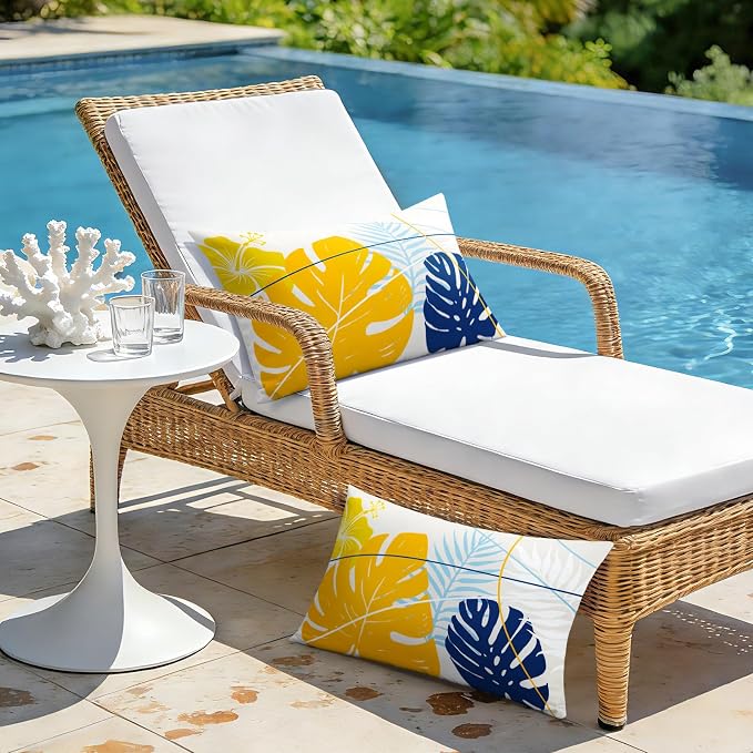 OTOSTAR Outdoor Waterproof Throw Pillow Covers 12x20 Inch Set of 2 Double-Sided Yellow Blue Tropical Leaf and Flower Spring Summer Decorative Pillow Cases for Patio Funiture Garden Tent Balcony Couch