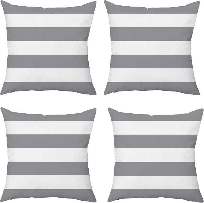 TAOSON Silver Grey Striped Outdoor Throw Pillow Covers 18x18 Inch,Set of 4 | White Striped Waterproof Decorative Cushion Cases for Patio, Garden, Balcony & Couch