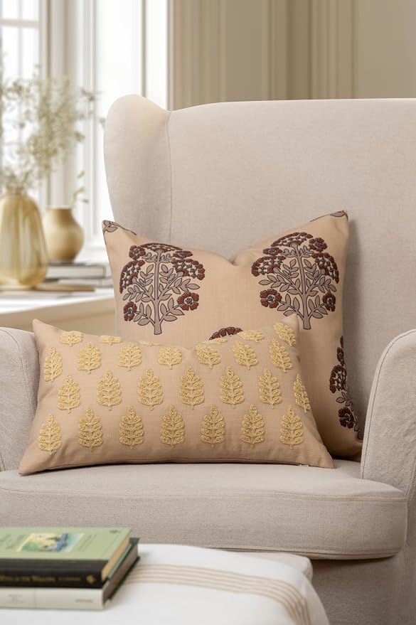 Crumbs Home Modern Farmhouse California Casual Indoor Outdoor Throw Pillow Cover, 20"x20" Water Repellent for Patio, Backyard, Couch, Poolside, Earth Tone Tan Rust Orange Block Print Hydrangea Flowers