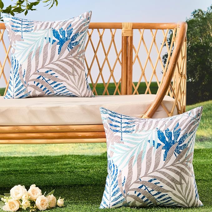 Allorry Outdoor Pillow Covers 18x18 Set of 2 Hawaii Tropics Palm Leaves Blue Gray Floral Pattern Decoration Pillow Covers for Spring Summer Outdoor Waterproof Garden Patio Sofa Bed Decor JB010-B18