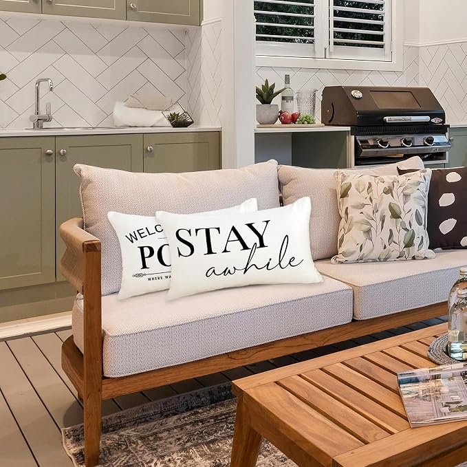 Welcome to Our Porch Stay Awhile Waterproof Outdoor Pillow Covers 12x20 Set of 2 Farmhouse Patio Furniture Decorations for Outside Garden Decor