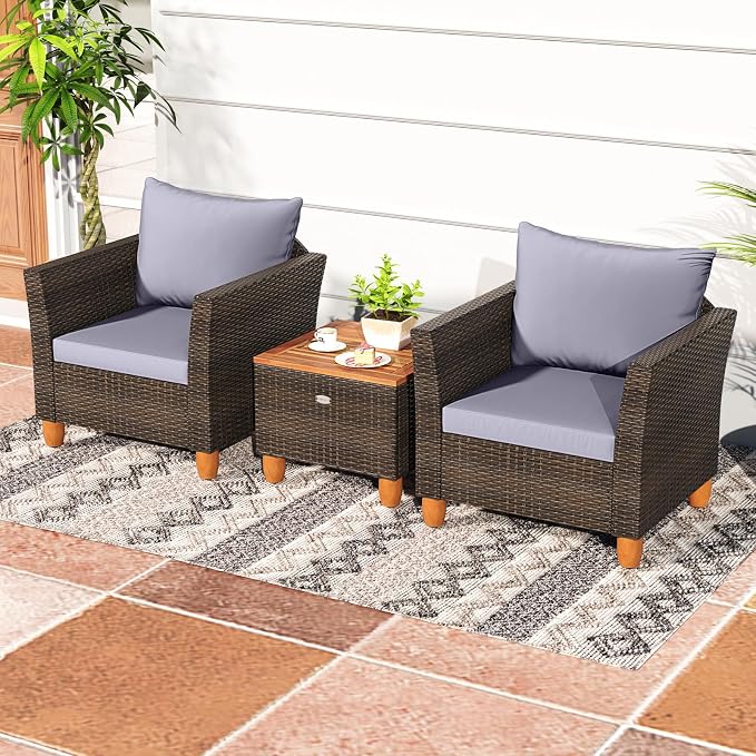 HAPPYGRILL 3 Pieces Patio Conversation Set with Storage Coffee Table, Outdoor Patio Furniture Wicker Sofa Set with Soft Cushions for Balcony Backyard Porch