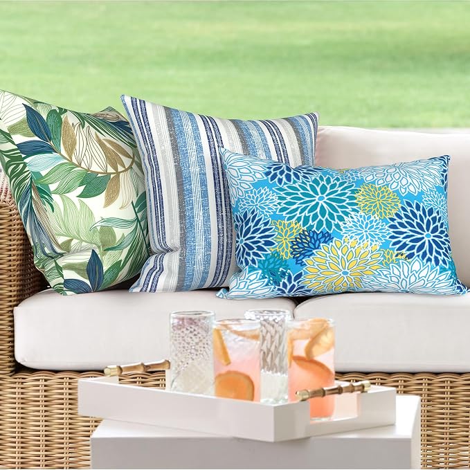 DYTXIII Pack of 2 Outdoor Waterproof Lumbar Pillow Covers ONLY, 12x20 Rectangle Decorative Double Printed Pillow Cases for Patio Couch Porch Furniture - Dahlia Blue