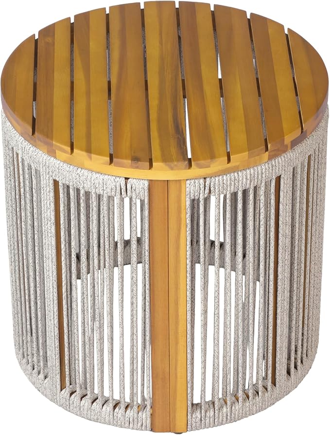 Christopher Knight Home Kimmy Outdoor Side Table with Rope Accent, Acacia Wood Coffee Table, Patio Round Side Table, Weather Resistant Accent Table for Outdoor Patio Furniture Set, Light Grey + Teak