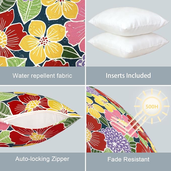 LVTXIII Outdoor Throw Pillows 16x16 Patio Waterproof Square Pillows with Piping Fade Resistant Accent Pillow for Spring Summer Garden Decoration, Set of 2, Flower Bloom