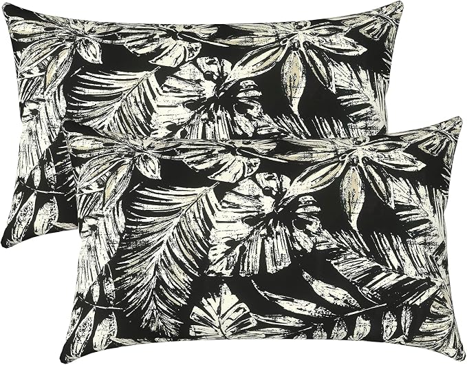 LVTXIII Outdoor/Indoor Lumbar Pillows, Decorative Patio Lumbar Cushions, Fluffy Water Repellent Garden Cushions for Home Patio Coach Sofa Use, 12×20 Inch, Pack of 2, Tropical Leaf Black
