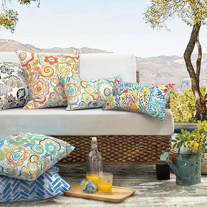 20x20 Inch Pack of 2 Patio Throw Pillow Covers ONLY, Water Repellent Cushion Cases, Square Pillowcases for Outdoor Couch Decoration, Paisley Multi
