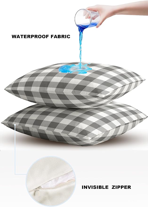 Outdoor Waterproof Throw Pillow Covers Set of 2 Gray Buffalo Check Plaid Pillowcases 16x16 Inches Farmhouse Style Patio Decorative Pillows Cushion Case Patio Pillows for Couch Bed Chair Garden