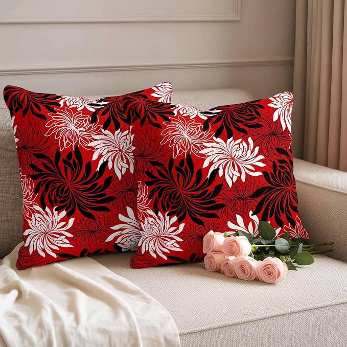 Yukro Red Black Floral Outdoor Waterproof Pillow Covers Pack of 2, Vintage White Black Flower Red Decorative Throw Pillowcases Cushion Covers for Garden Patio Tent Sofa Couch, 26x26 inch