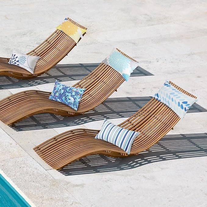 Chaise Head Rest Pillows Set of 2, Outdoor Lounge Pillow Lumbar Pillows with Insert and Adjustable Elastic Strap Decorative Pillows for Patio Beach Pool Chair, Blue White Stripe