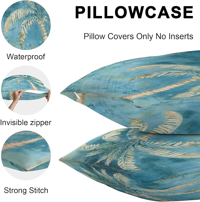 Coastal Beach Tree Teal Blue Outdoor Waterproof Pillow Covers, Vintage Summer Palm Tropical Botanical Decorative Rectangle Throw Pillowcase Sofa Cushion Sham for Patio/Couch/Chair, 20"x12" 2 Pack