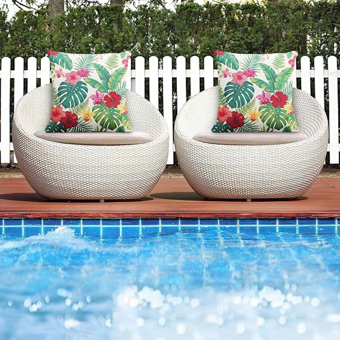 Throw Pillow Covers, Tropical Floral, 18 x 18 Inch, Set of 2 | Hawaiian Botanical Outdoor Waterproof Square Pillowcase Cushion Case Farmhouse Garden Decorative for Couch Beach Patio