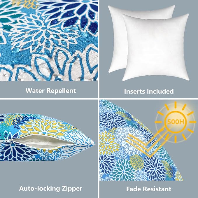 LVTXIII Outdoor/Indoor Throw Pillows, Decorative Throw Pillows with Inserts, 18"x18" Square Pillows for Bed, Couch, Sofa and Patio Furniture (Set of 2, Dahlia Blue)