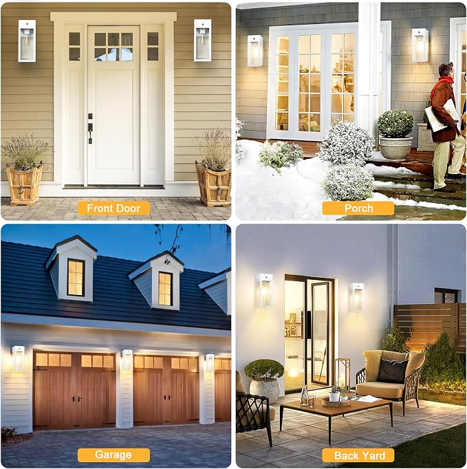 Dusk to Dawn Outdoor Light Fixtures Wall Mount, Outdoor Porch Lights with Outlet, Dusk to Dawn Outdoor Lighting for Doorway, Garage- White