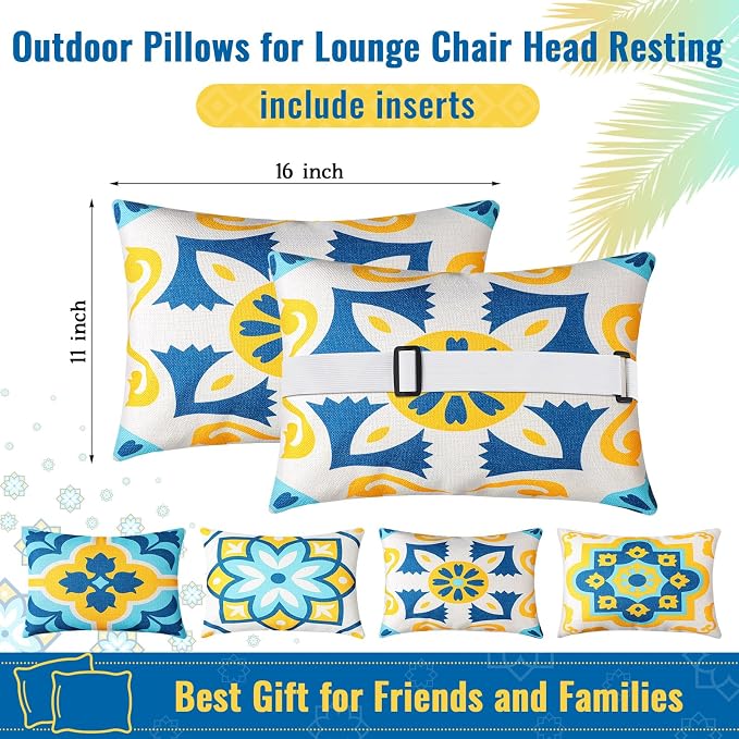 Juexica 4 Pack Chaise Lounge Headrest Pillow, Decorative Outdoor Patio Neck Headrest Pillow with Adjustable Elastic Strap & Insert, Waterproof for Pool Recliner Hammock Beach Chair(White, Floral)