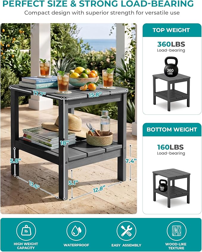 SERWALL 2-Tier HDPE Outdoor Side Table with Umbrella Hole, Weatherproof Rectangular Adirondack Side Table, Gray