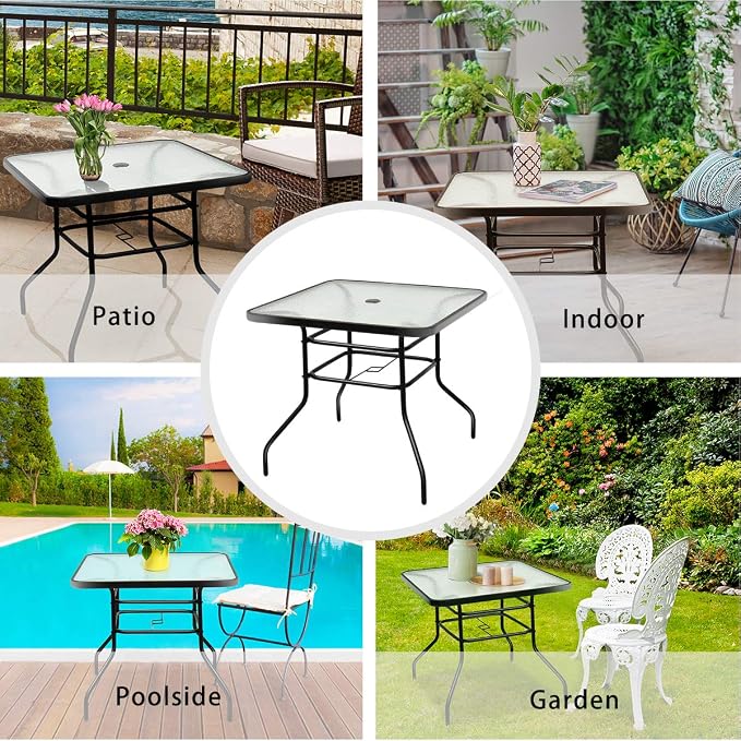Tangkula 32" Square Outdoor Dining Table with Tempered Glass Top, Outside Bistro Table with 2" Umbrella Hole & Metal Frame, Patio Dining Table for Backyard, Lawn, Deck & Poolside
