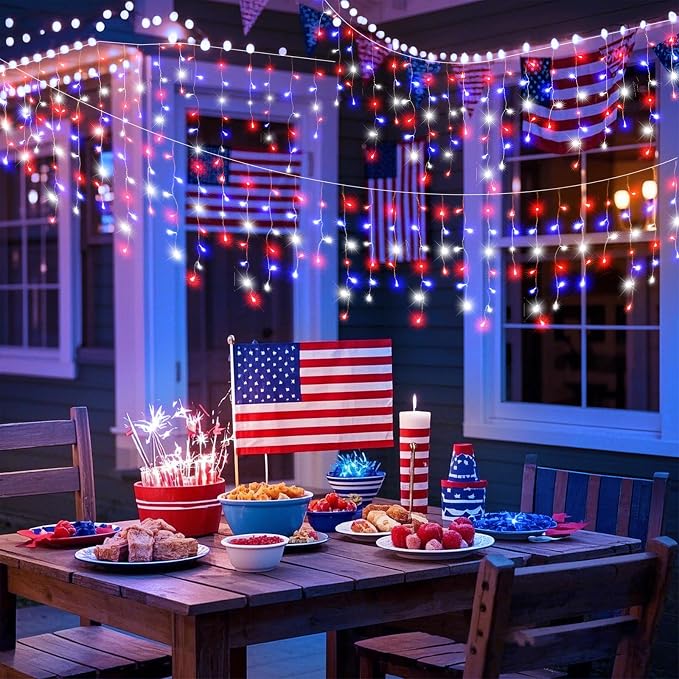 Red White and Blue Icicle Lights for Outside – 33ft 400LED Outdoor Waterproof Christmas Lights, 4th of July Decorations Independence Day Patriotic Lights with 75 Drops for House Roof Window Fence