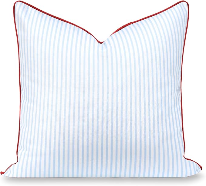 Hofdeco Premium Coastal Hampton Patio Indoor Outdoor Throw Pillow Cover Only, 20"x20" Water Repellent for Backyard, Couch, Poolside, Baby Blue Red Print Stripes