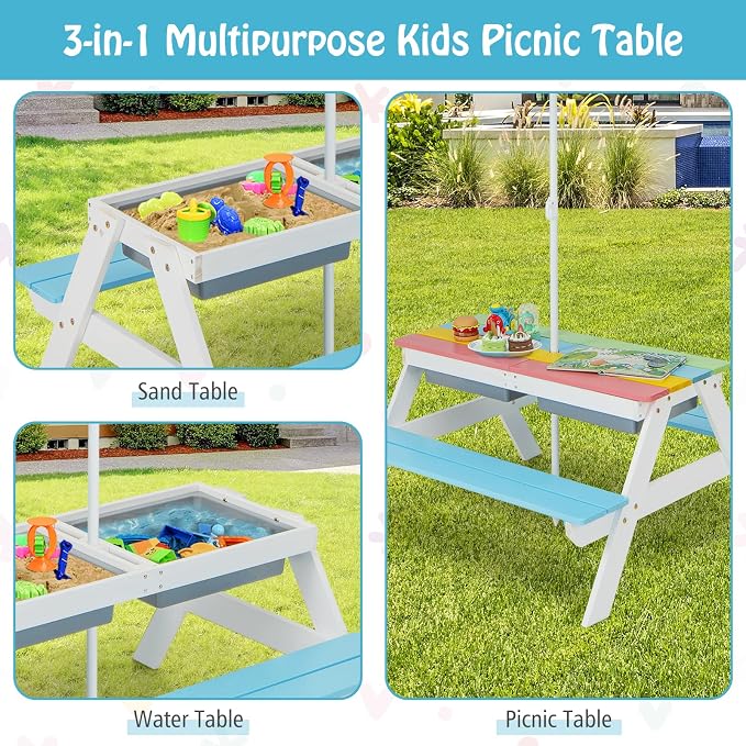 HONEY JOY Kids Picnic Table, 4 in 1 Cedar Wooden Sand & Water Table w/ 2 Removable Box & Umbrella, Kids Picnic Tables for Outdoors Backyard Garden, Toddler Patio Furniture Set for Boys Girls(Blue)