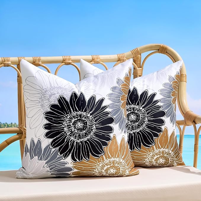 Outdoor Pillow Covers Waterproof Summer Square Cushion Covers Decorative Floral Brown Black Sunflower Throw Pillow Covers 20x20 Set of 2 Garden Throw Pillowcase for Patio Furniture Tent Balcony Bench