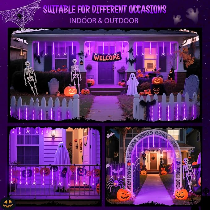 JMEXSUS Solar Halloween Lights Outdoor Purple Solar Lights | 8 Tube 144 LEDs, Solar Meteor Shower Lights for Halloween Tree Fence Eaves Patio Yard Holiday Party Decor