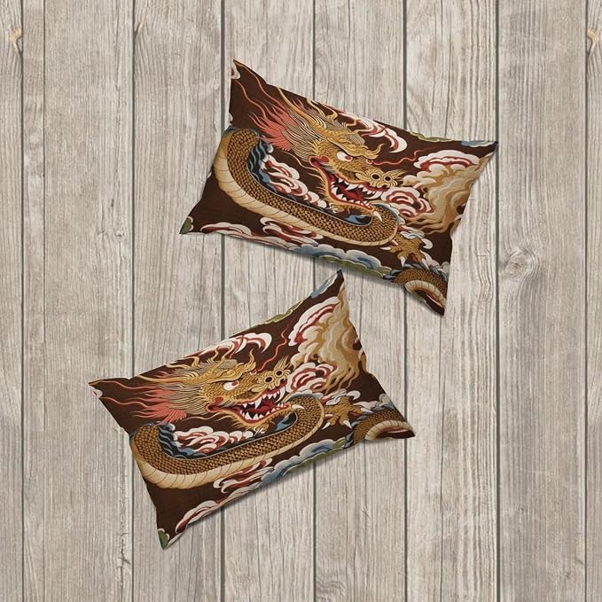 Set of 2 Chinese Oriental Style Asian Dragon Gold Pillow Covers 12x18in Farmhouse Canvas Cushion Covers Outdoor for Couch Chair Home Decor for Family Friends